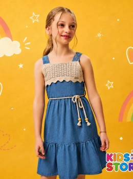 Vestido infantil, tecido jeans com tricot algodão, sem manga infanti 97012