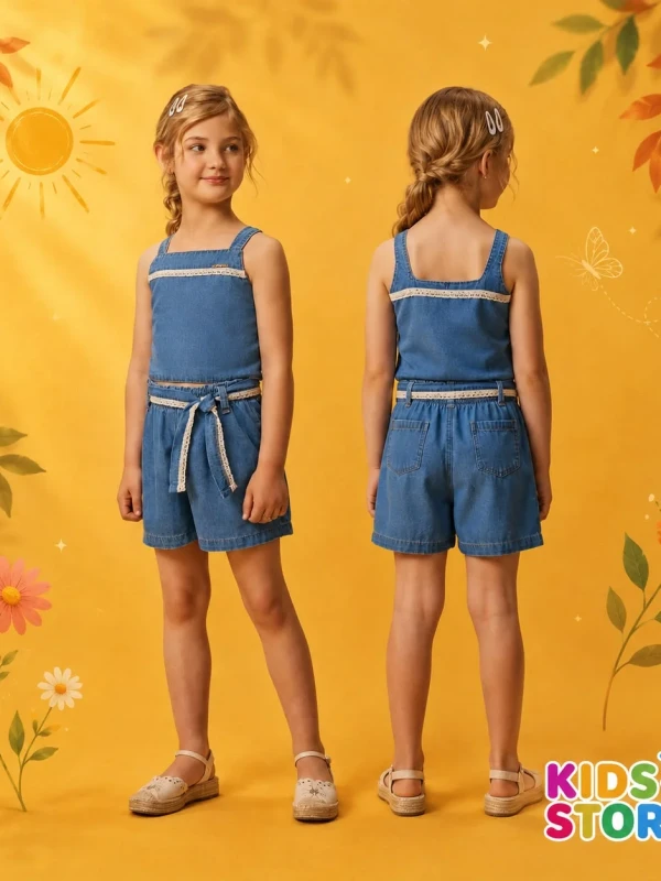 conjunto de blusa cropped alça e shorts em jeans infanti 97042