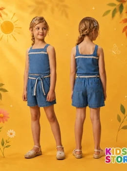 conjunto de blusa cropped alça e shorts em jeans infanti 97042
