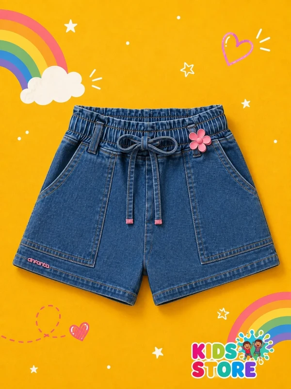 Shorts jeans, com elastico na cintura e cordão de ajuste,acompanha presilha de cabelo infanti 95317