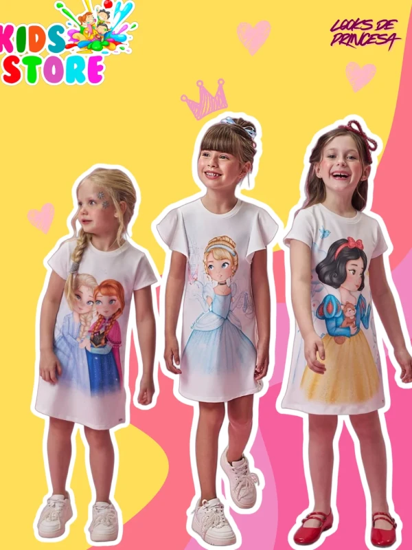 Vestido em molecotton estampa de princesas kukie 96833