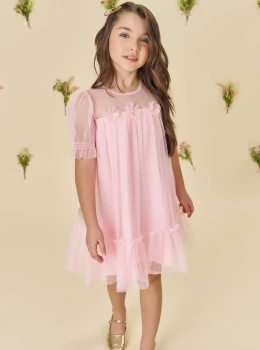 Vestido Infantil Rosa Tule Delicado – Infanti