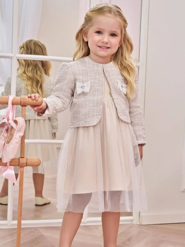 Vestido Infantil Beje com Tule e Casaquinho – Infanti