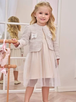 Vestido Infantil Beje com Tule e Casaquinho – Infanti