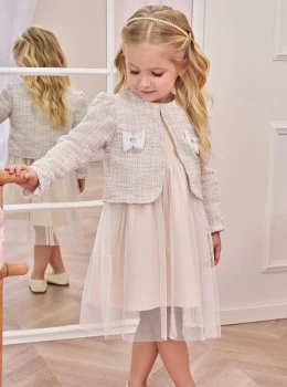 Vestido Infantil Beje com Tule e Casaquinho – Infanti