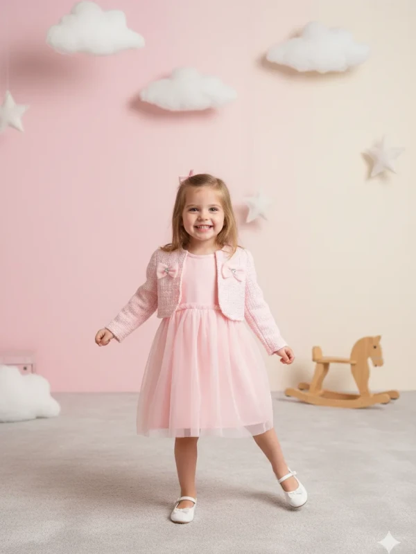 Vestido Infantil Rosa Claro com Tule e Casaquinho – Infanti