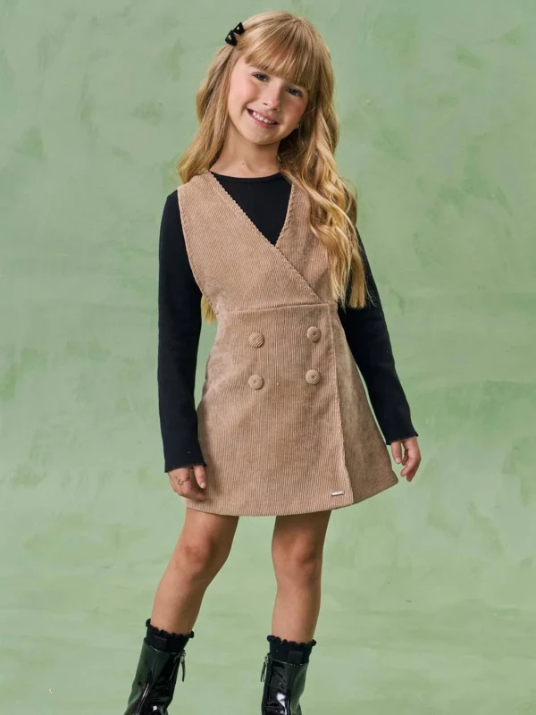 Vestido Infantil Veludo Cotelê com Sobreposição – Infanti