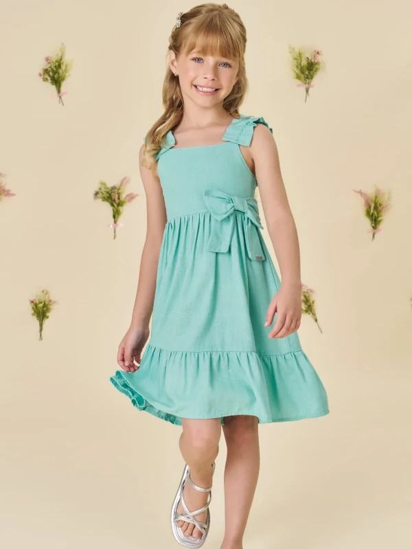 Vestido Infantil Verde Água com Laço – Infanti