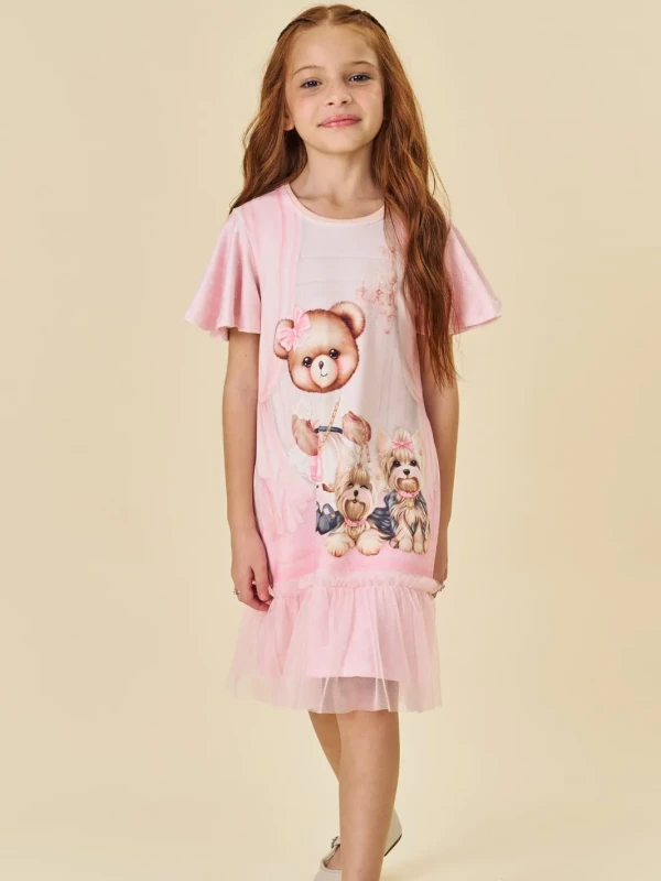Vestido Infantil Rosa Estampado com Tule – Infanti