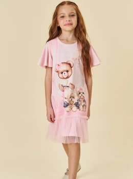 Vestido Infantil Rosa Estampado com Tule – Infanti