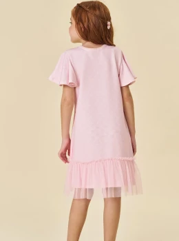 Vestido Infantil Rosa Estampado com Tule – Infanti