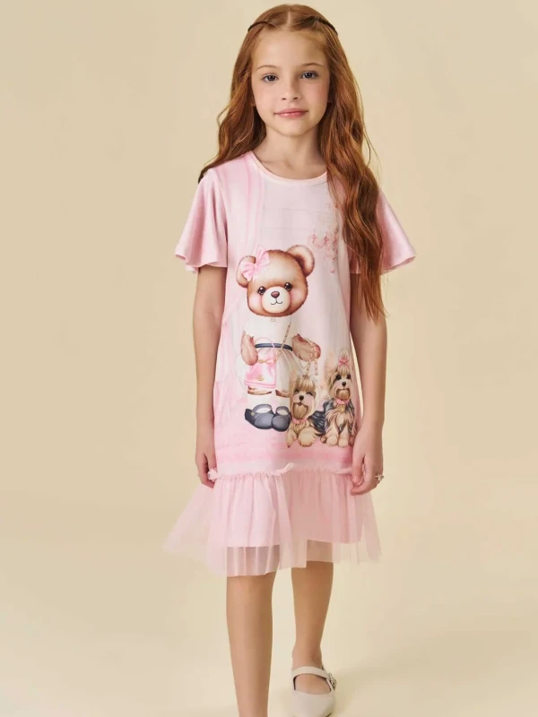 Vestido Infantil Rosa Estampado com Tule – Infanti