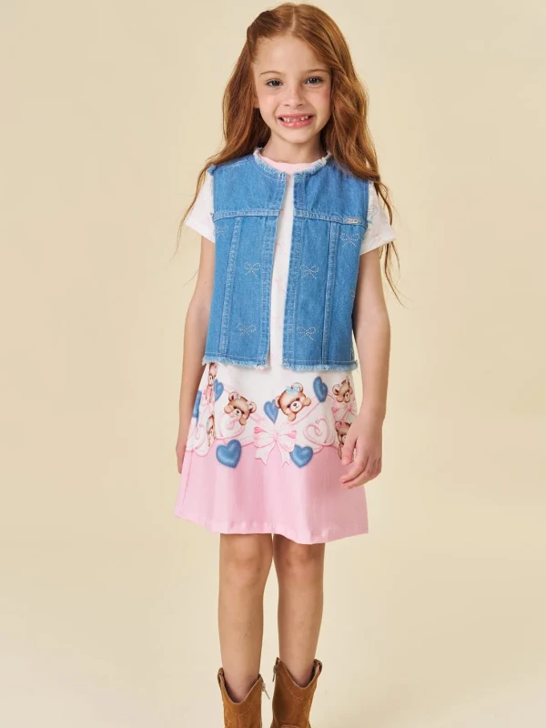 Vestido Infantil Estampado com Colete Jeans – Infanti