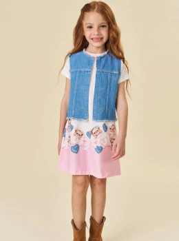 Vestido Infantil Estampado com Colete Jeans – Infanti