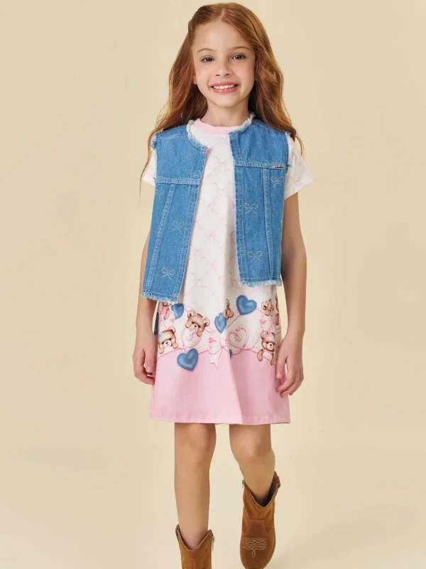 Vestido Infantil Estampado com Colete Jeans – Infanti