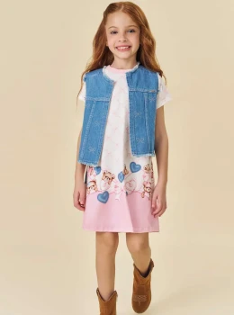 Vestido Infantil Estampado com Colete Jeans – Infanti