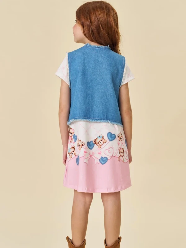Vestido Infantil Estampado com Colete Jeans – Infanti