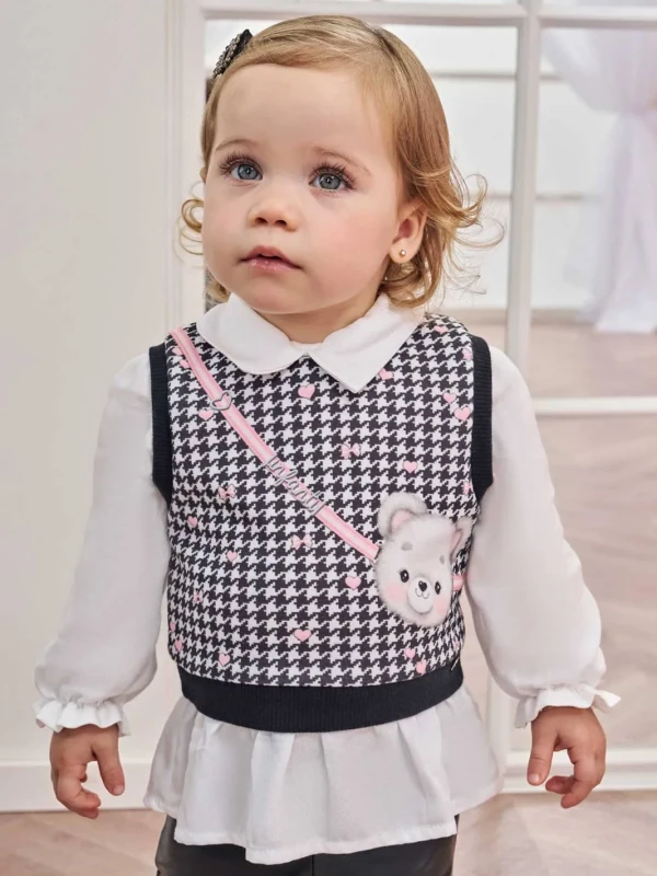 Conjunto Infantil Blusa com Colete Pied-de-Poule Preto e Legging Courino – Infanti