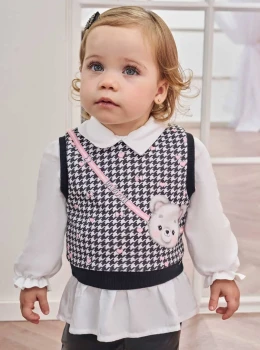 Conjunto Infantil Blusa com Colete Pied-de-Poule Preto e Legging Courino – Infanti
