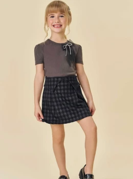 Conjunto Infantil Blusa Canelada e Saia Pied-de-Poule – Infanti