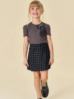 Conjunto Infantil Blusa Canelada e Saia Pied-de-Poule – Infanti