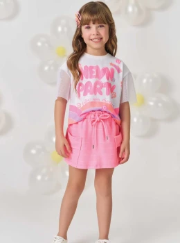 Conjunto Infantil Blusa Estampada e Short Saia Rosa – Kukie