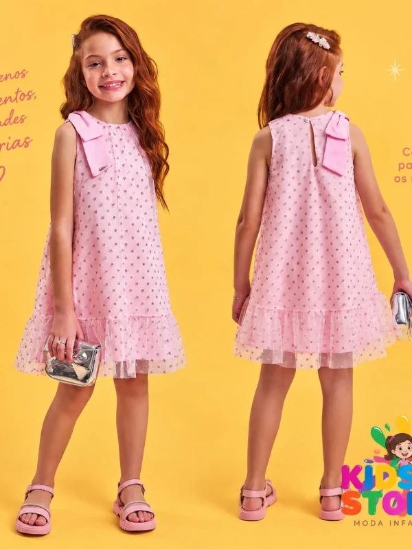 Vestido em tule rosa  levemente bordado com estrelas   96563