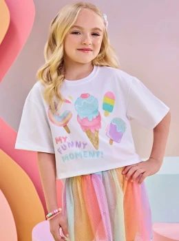 Conjunto Infantil Blusa Estampada e Saia Tule Colorida – Infanti