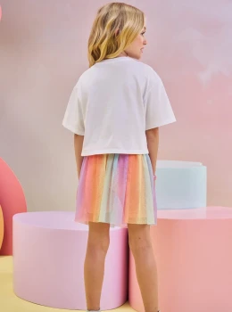 Conjunto Infantil Blusa Estampada e Saia Tule Colorida – Infanti