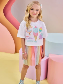 Conjunto Infantil Blusa Estampada e Saia Tule Colorida – Infanti