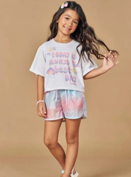 Conjunto Infantil Blusa Estampada e Short Metalizado – Kukie