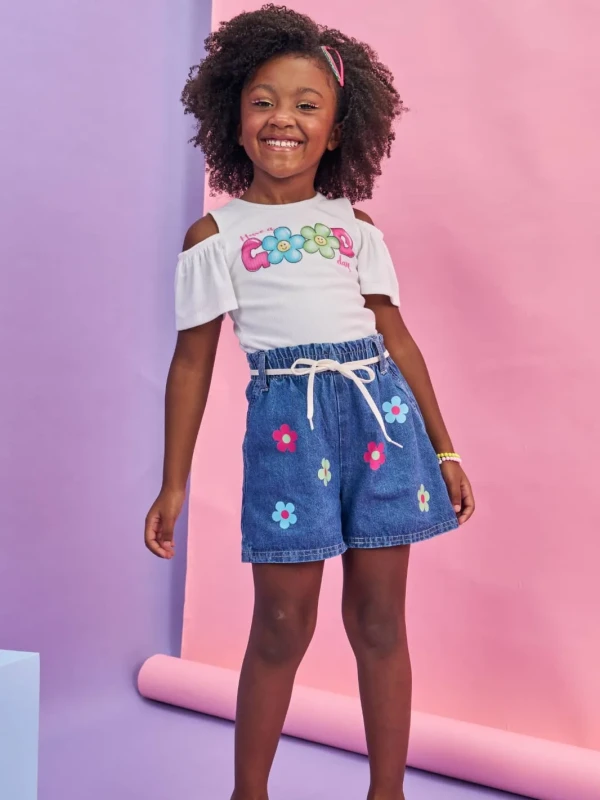 Conjunto Infantil Blusa e Shorts Jeans Estampado – Kukie