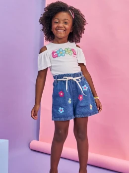 Conjunto Infantil Blusa e Shorts Jeans Estampado – Kukie