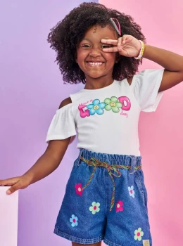 Conjunto Infantil Blusa e Shorts Jeans Estampado – Kukie