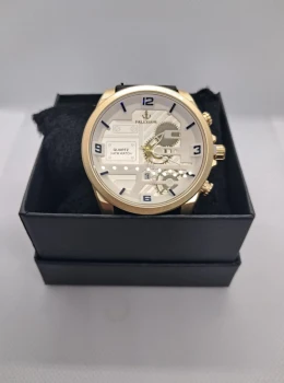 Relógio Masculino Pallivane Gear Silver Gold – Pulseira em Couro