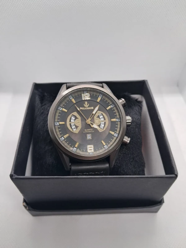 Relógio Masculino Pallivane Dual Time Black Gold – Pulseira em Couro