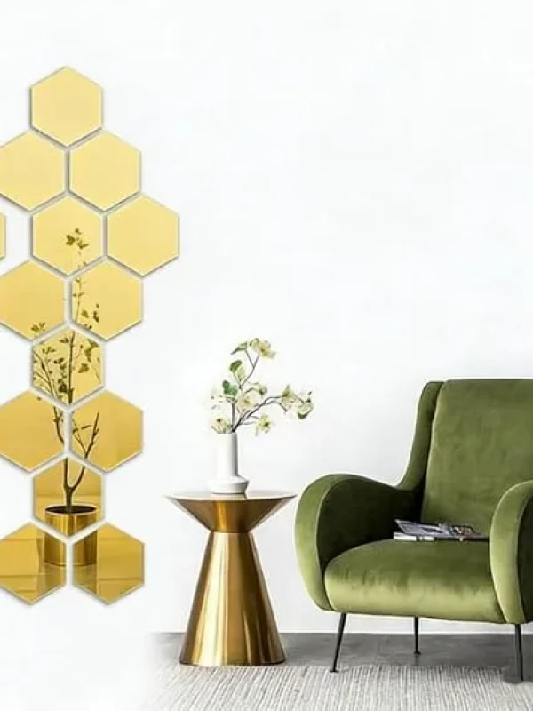 Espelho de parede acrílico hexagonal dourado de 6 peças