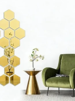 Espelho de parede acrílico hexagonal dourado de 6 peças
