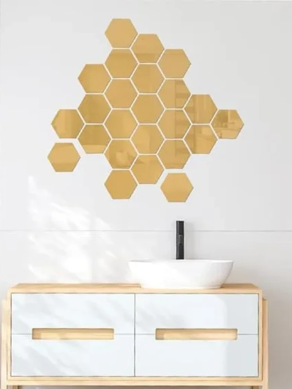 Espelho de parede acrílico hexagonal dourado de 6 peças