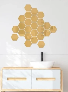 Espelho de parede acrílico hexagonal dourado de 6 peças
