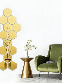 Espelho de parede acrílico hexagonal dourado de 6 peças