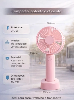 Mini Ventilador Portátil USB Recarregável 3 Velocidades