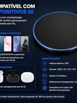 Carregador Sem Fio 20W Magnético Turbo USB-C