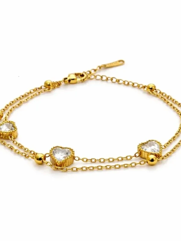 Pulseira Dupla Corações Cristais - Aço Inox