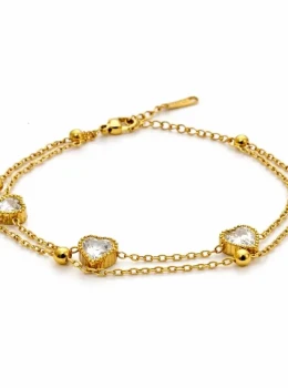 Pulseira Dupla Corações Cristais - Aço Inox